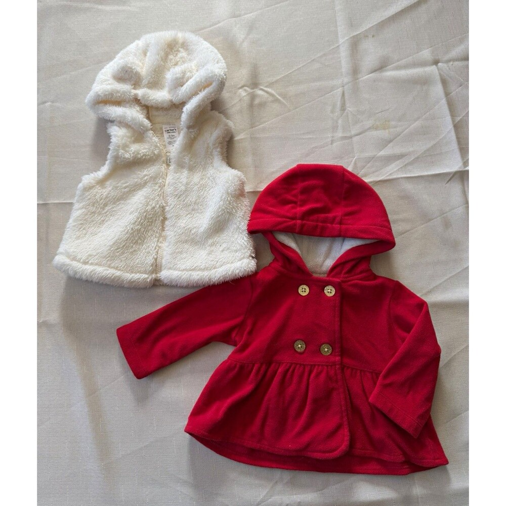 Carter's Girls 0-3M 2pc Hooded Fleece Set Red Jacket + White Vest Fall/Winter